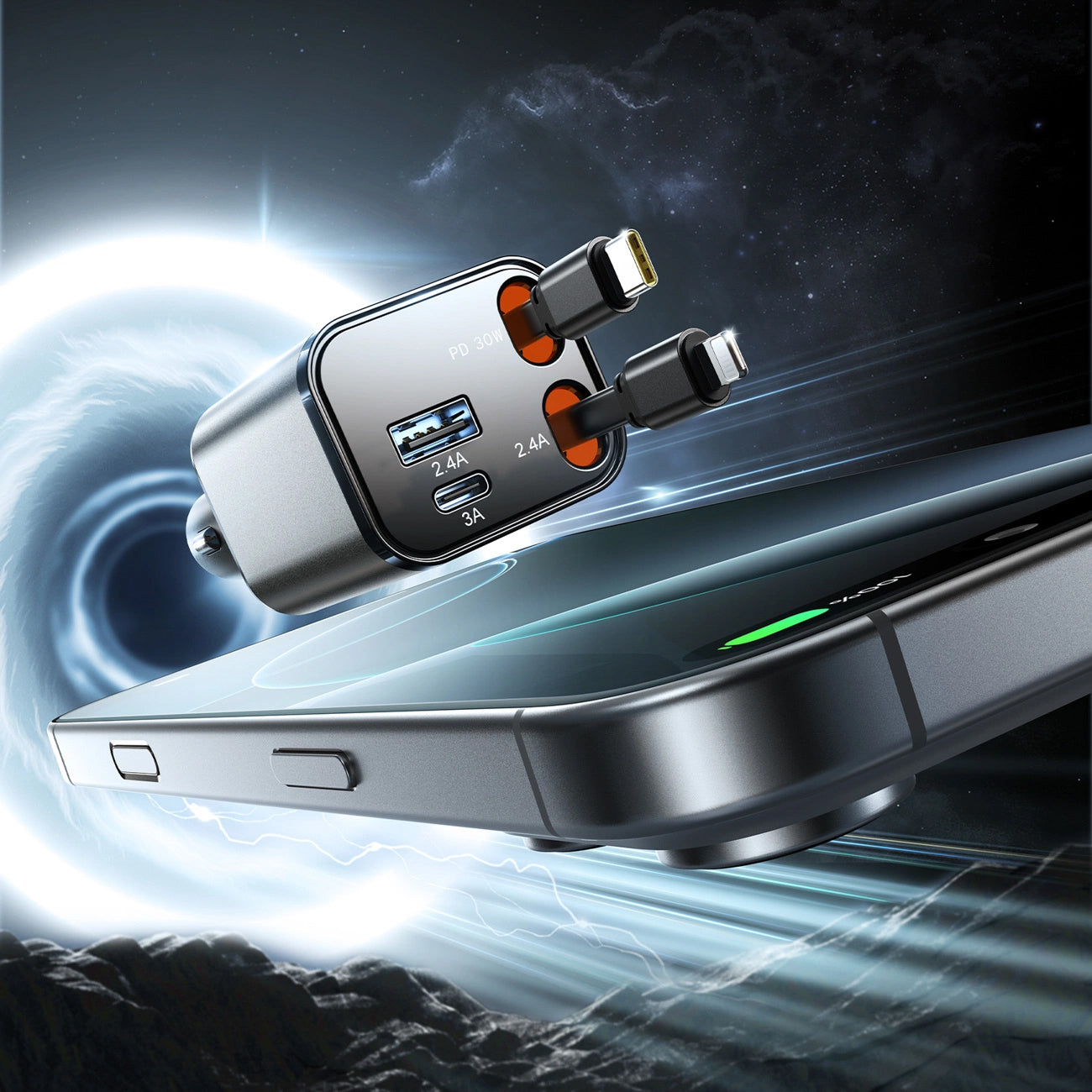 Car Charger with USB-C / Lightning Cable Joyroom JR-CCL05, 30W, 3A, 1 x USB-A - 1 x USB-C, Gray