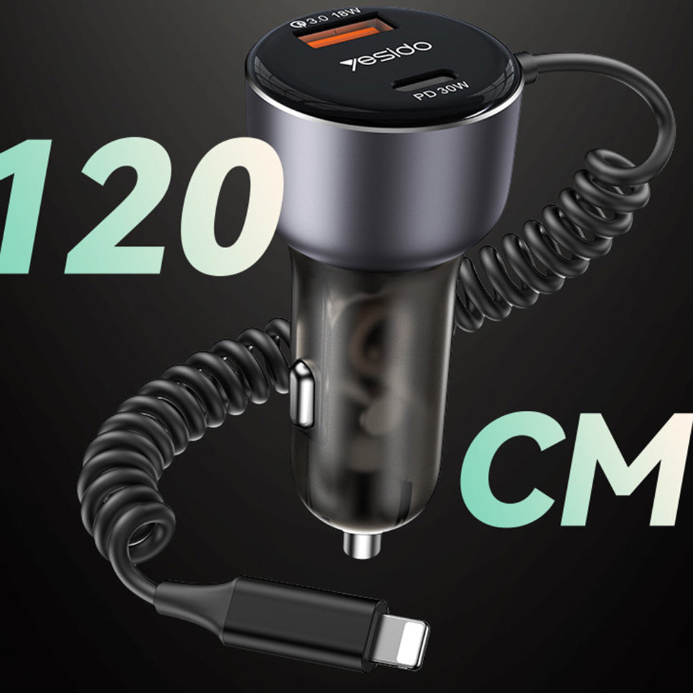 Lightning Cable Car Charger Yesido Y57, 50W, 3A, 1 x USB-A - 1 x USB-C, Black