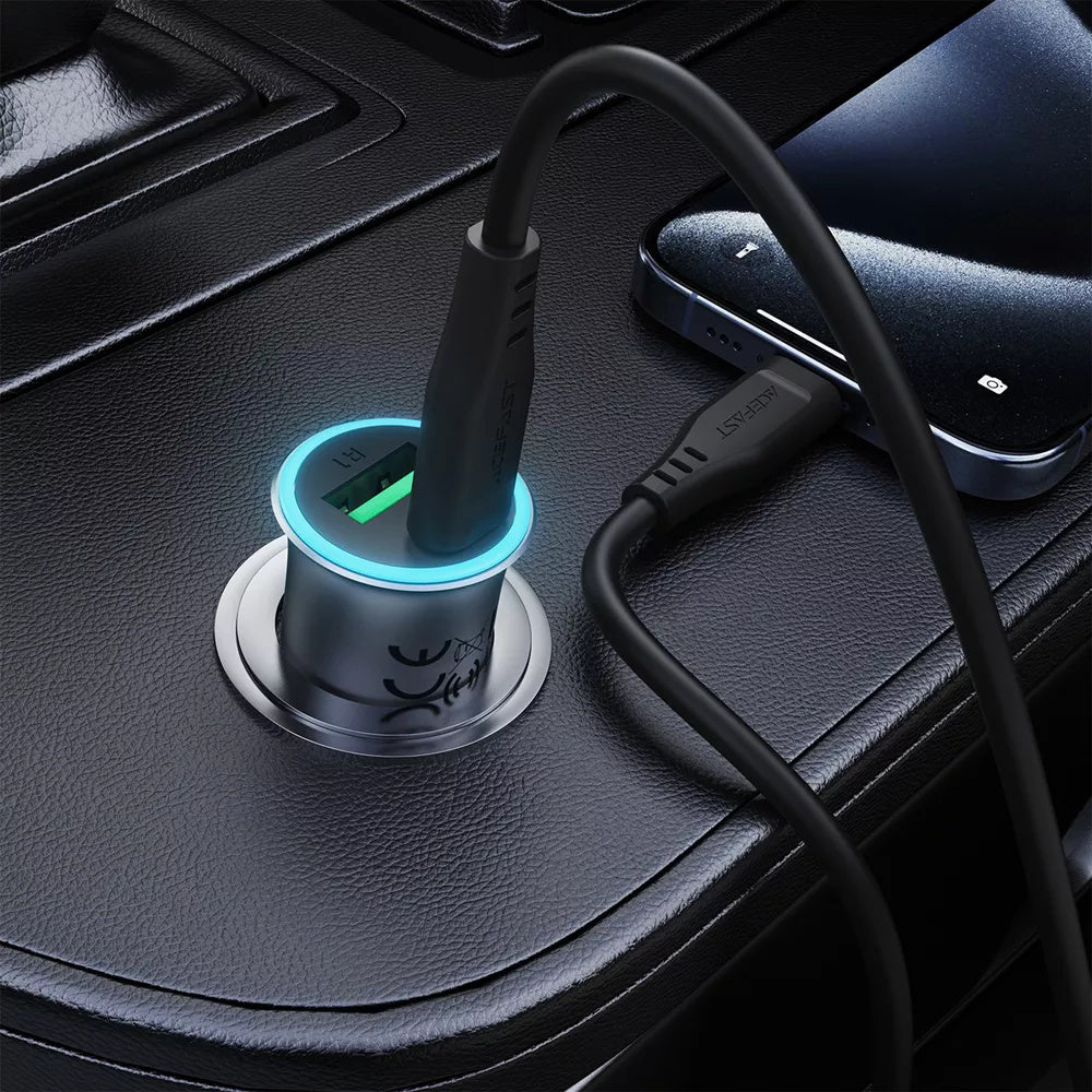 Acefast B16 Car Charger with USB-C Cable, 95W, 3.25A, 1 x USB-A - 1 x USB-C, Gray