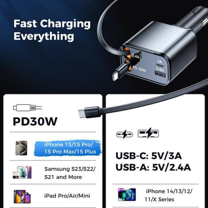 Car Charger with USB-C / Lightning Cable Techsuit C1 NanoVoltX, 69W, 3A, 1 x USB-A - 1 x USB-C, Gray