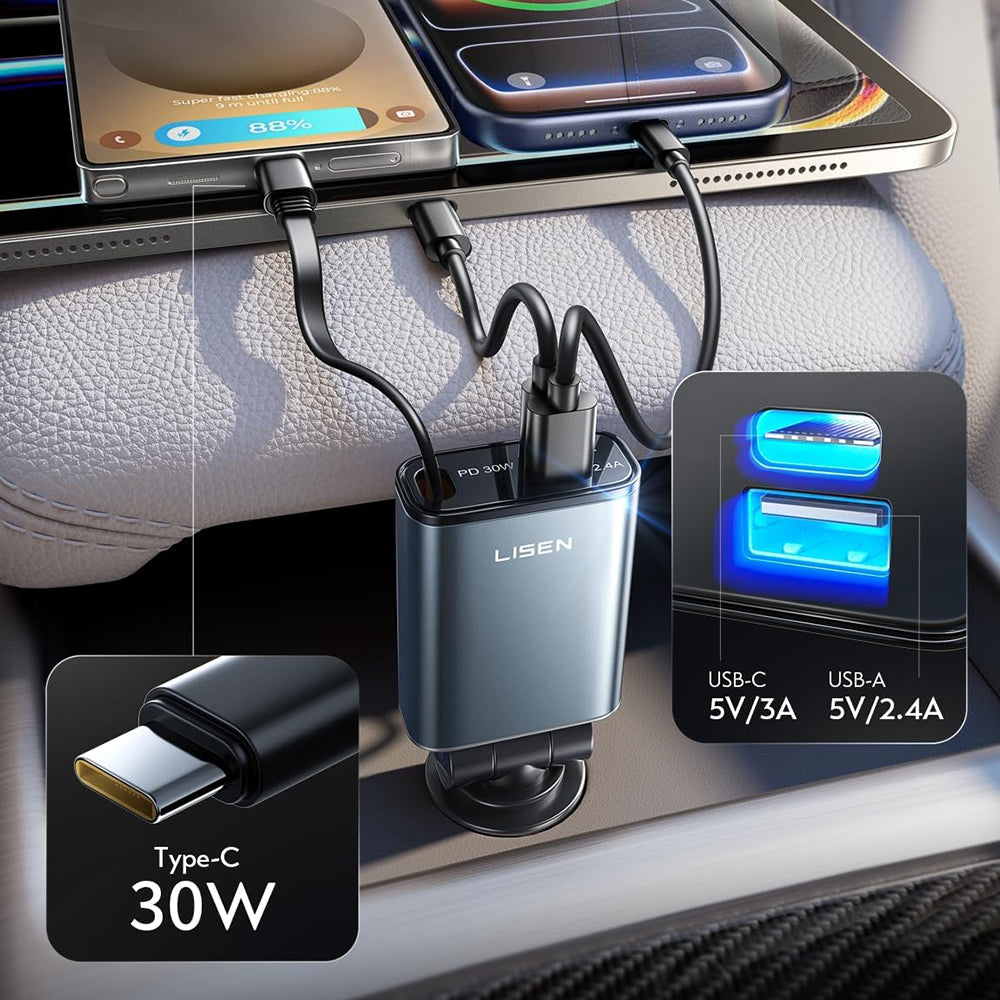 Lisen USB-C Car Charger with Cable, 57W, 3A, 1 x USB-A - 1 x USB-C, Black YL0325010016