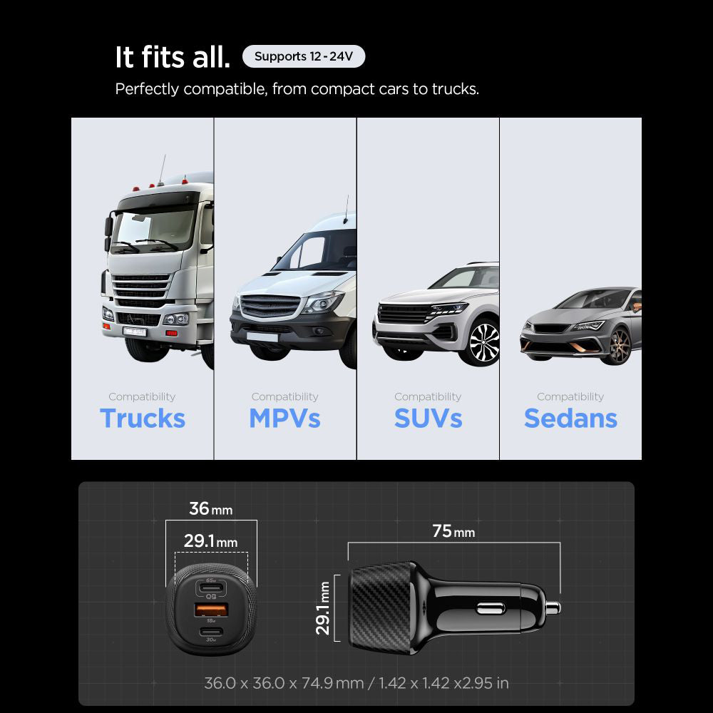Spigen EV1133 Car Charger with USB-C Cable, 113W, 3.25A, 1 x USB-A - 2 x USB-C, Black