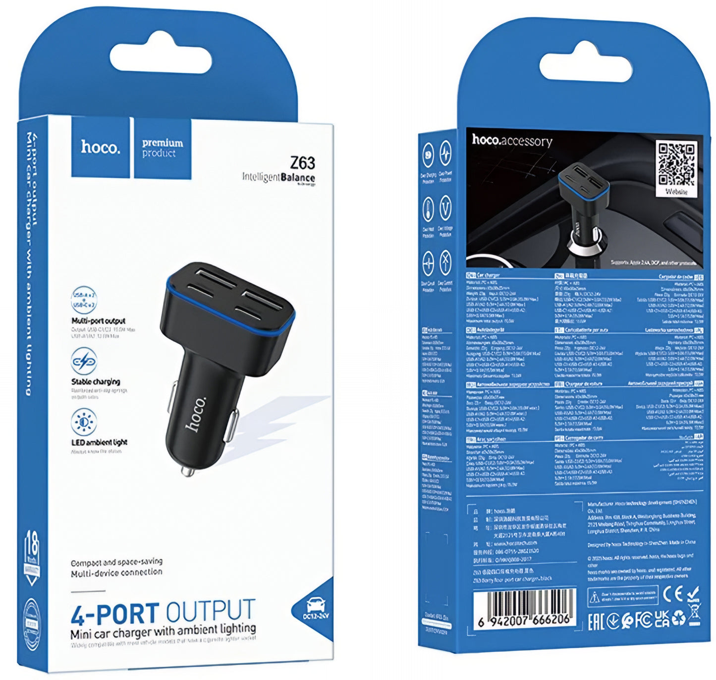 HOCO Z63 Car Charger, 42W, 3A, 2 x USB-A - 2 x USB-C, Black