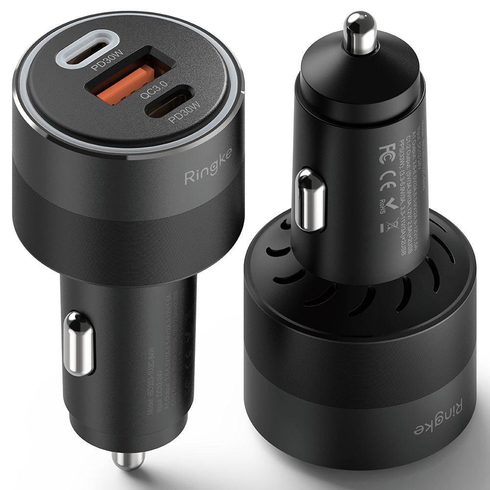 Ringke Car Charger, 30W, 3A, 1 x USB-A - 2 x USB-C, Black
