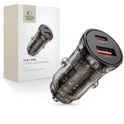 Tech-Protect CC01 Car Charger, 45W, 5A, 1 x USB-A - 1 x USB-C, Black