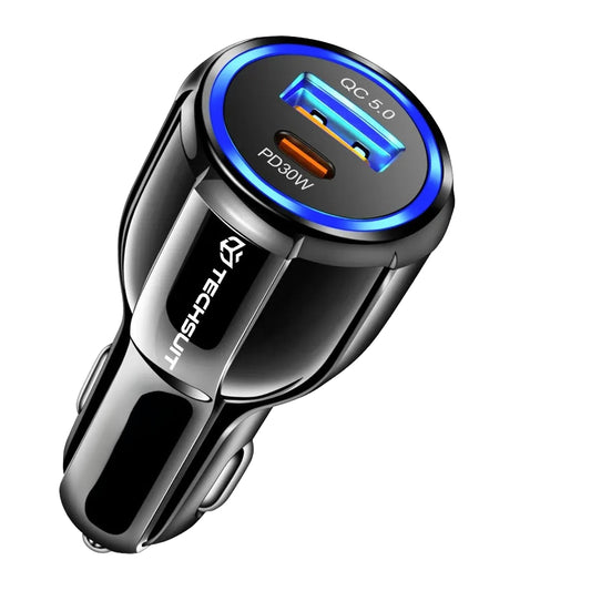 Techsuit TE-022 Premium Car Charger, 60W, 3A, 1 x USB-A - 1 x USB-C, Black