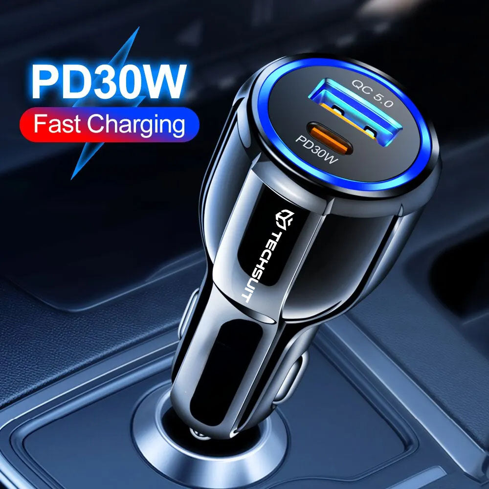 Techsuit TE-022 Premium Car Charger, 60W, 3A, 1 x USB-A - 1 x USB-C, Black