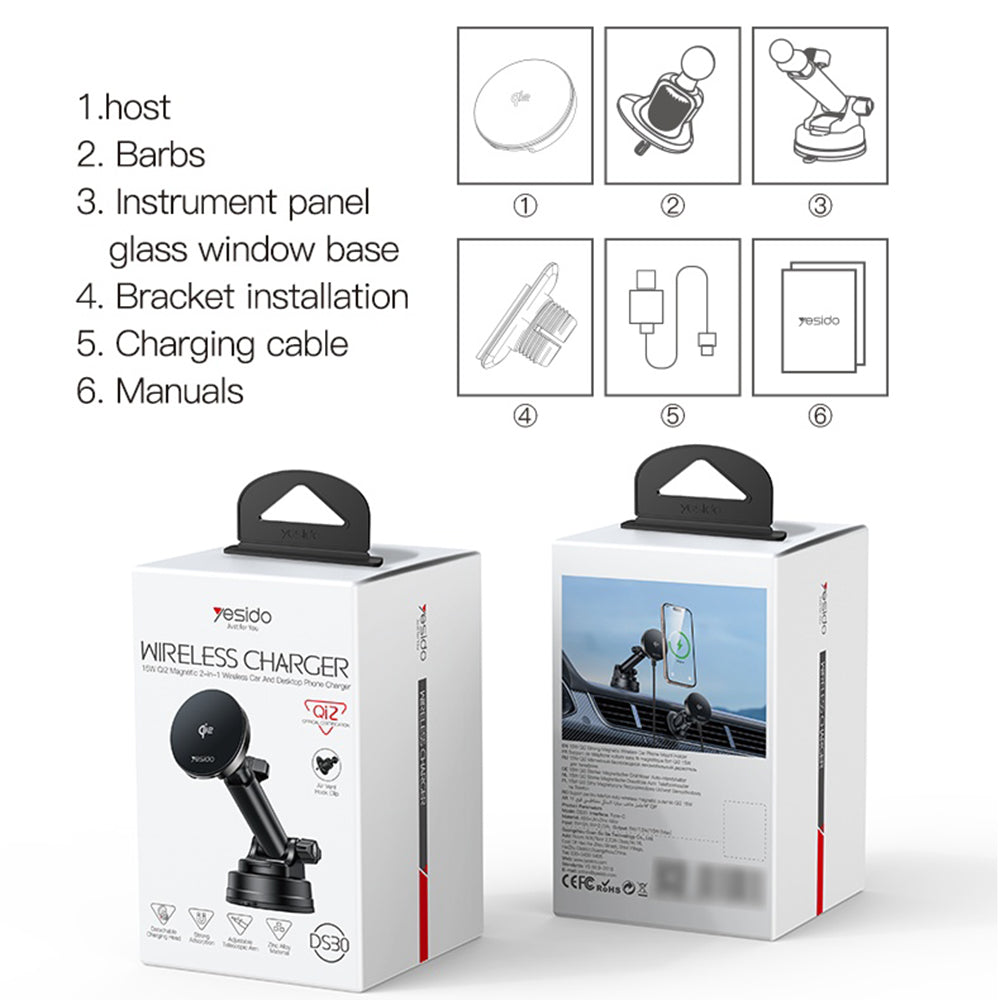 Yesido DS30 Wireless Car Charger, 15W, 1.67A, Black