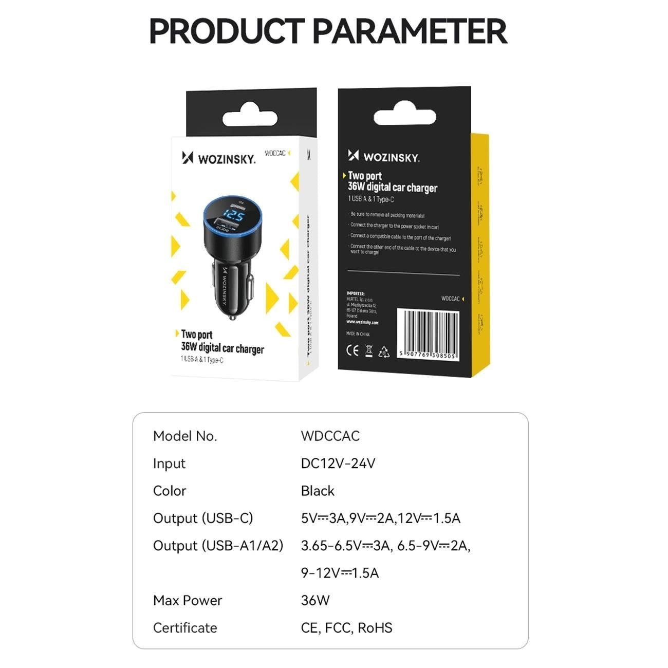 Car Charger WZK WDCCAC, 36W, 3A, 1 x USB-A - 1 x USB-C, Black 