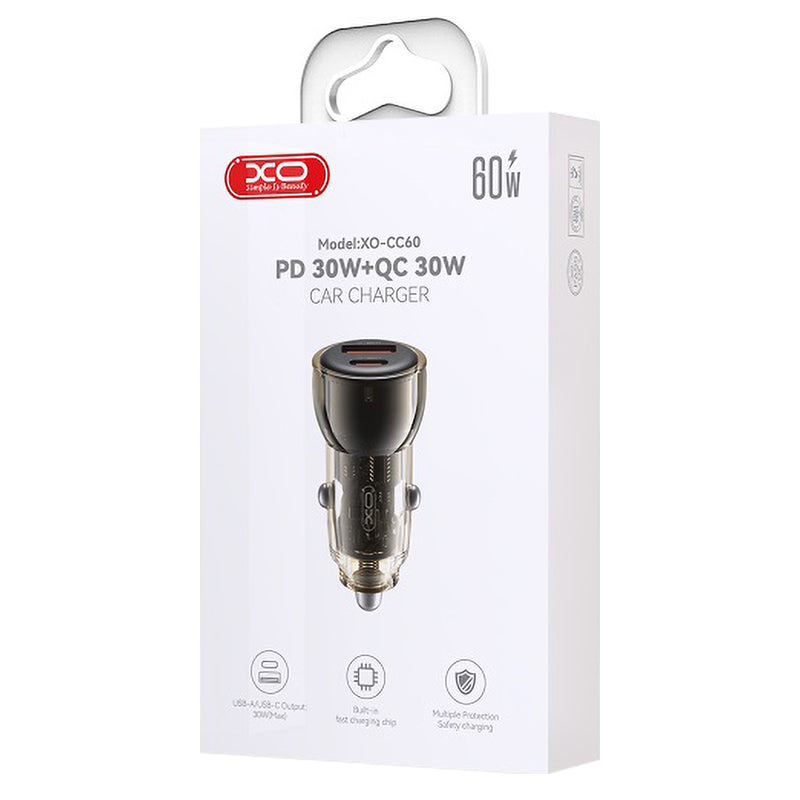 Car Charger XO Design CC60, 60W, 3A, 1 x USB-A - 1 x USB-C, Black 