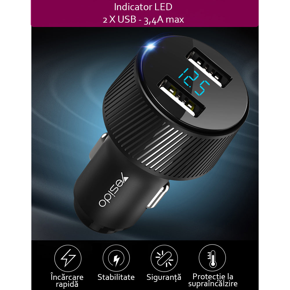 Yesido Y31 Auto Charger Display, 18W, 3A, 2 x USB-A, Black