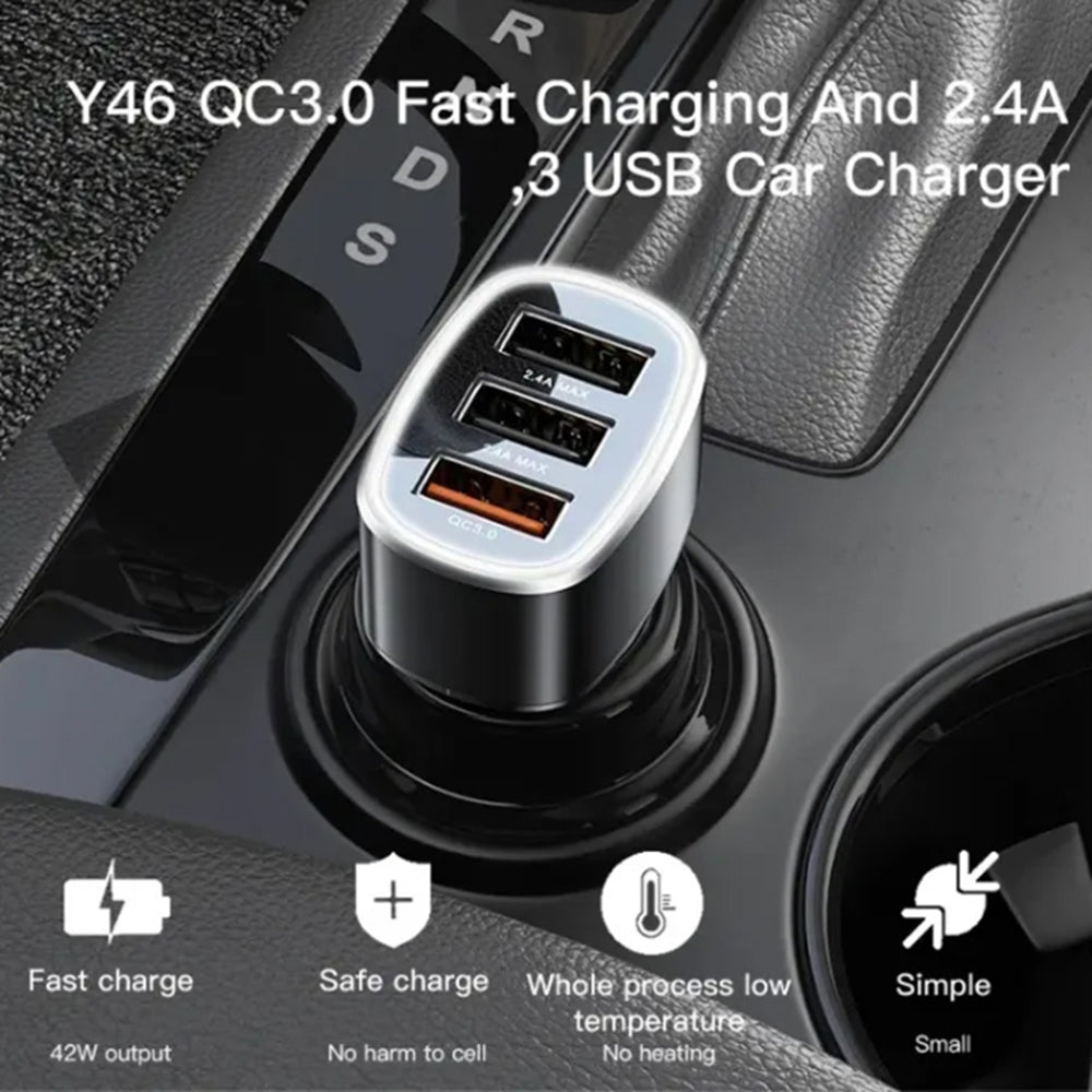 Yesido Y46 Car Charger, 42W, 3A, 3 x USB-A, Black