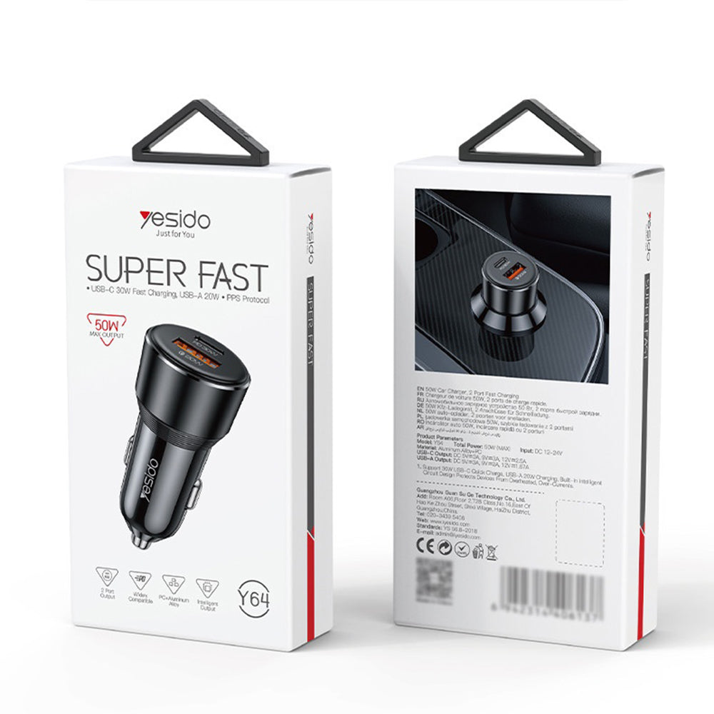 Yesido Y64 Car Charger, 50W, 3A, 1 x USB-A - 1 x USB-C, Black