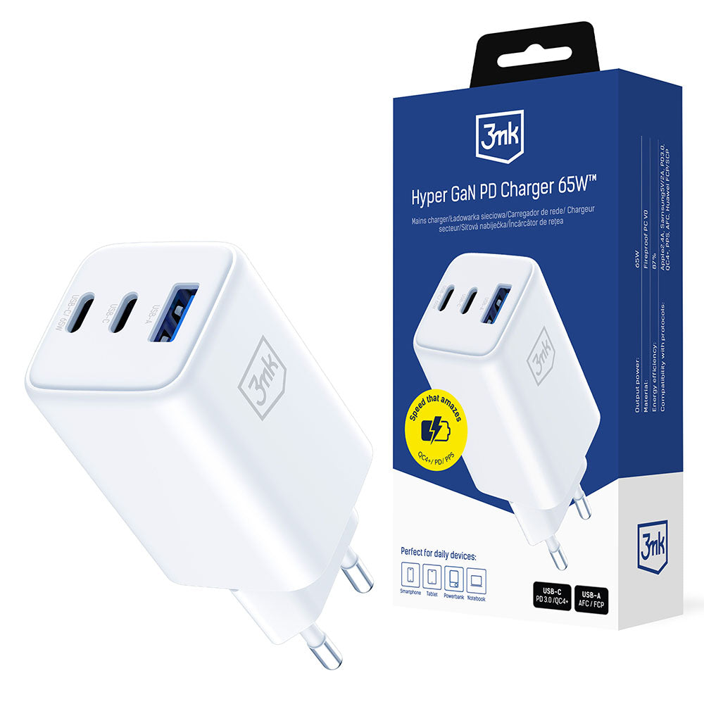 3MK Hyper Network Charger, 65W, 3.25A, 1 x USB-A - 2 x USB-C, White