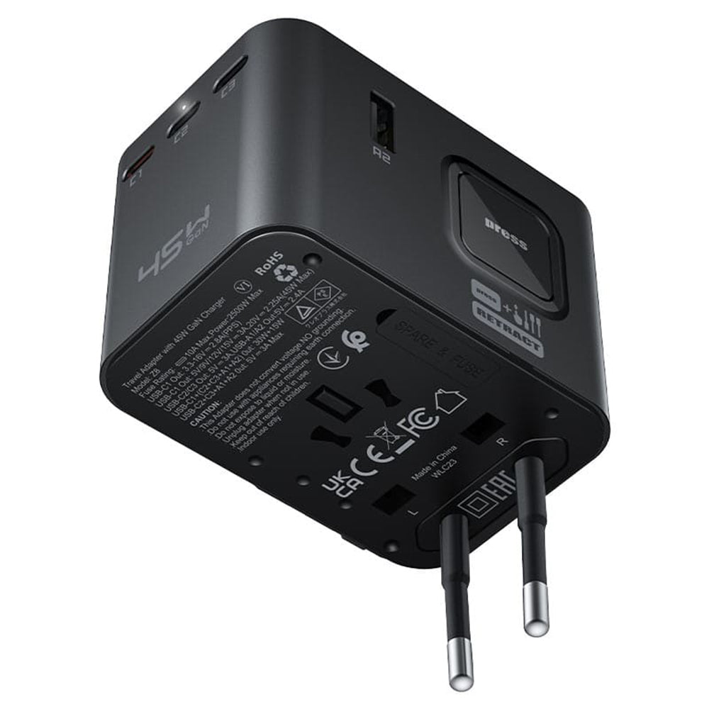 Acefast Z8 Travel Network Charger, 45W, 3A, 2 x USB-A - 3 x USB-C, Black