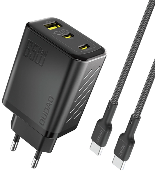 Dudao A29C USB-C Cable Wall Charger, 65W, 3.25A, 1 x USB-A - 2 x USB-C, Black