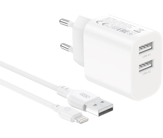XO Design CE55 Mains Charger with Lightning Cable, 12W, 2.4A, 2 x USB-A, White