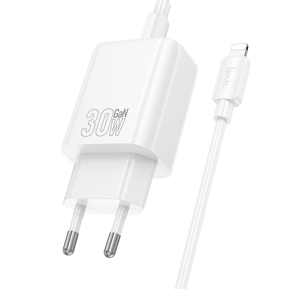 Network Charger with Lightning Cable HOCO N63, 30W, 3A, 1 x USB-A - 1 x USB-C, White