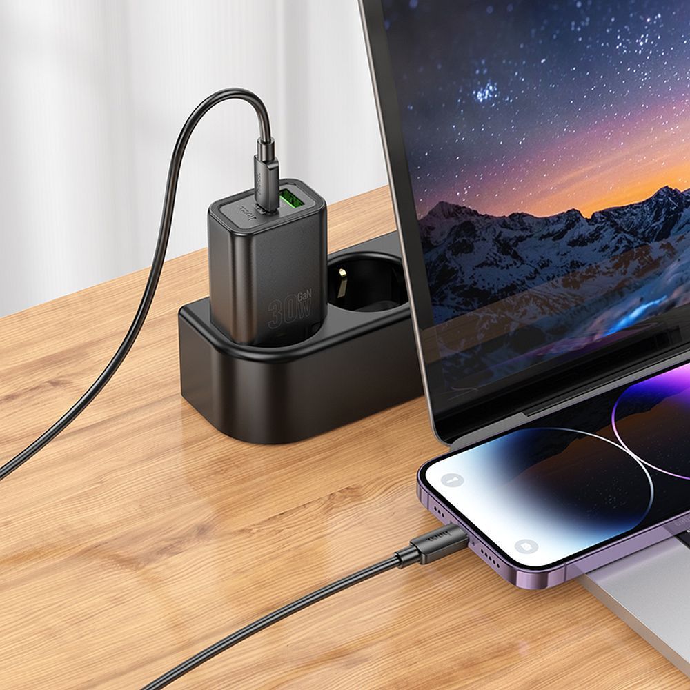Network Charger with Lightning Cable HOCO N63, 30W, 3A, 1 x USB-A - 1 x USB-C, Black