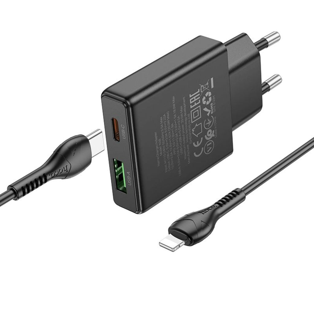 Network Charger with Lightning Cable HOCO N38, 20W, 3A, 1 x USB-A - 1 x USB-C, Black