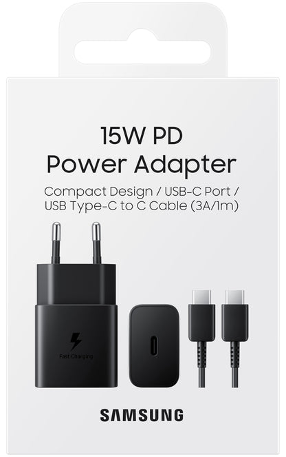 Samsung USB-C Network Charger with USB-C Cable, 15W, 2A, 1 x USB-C, Black EP-T1510XBEGEU