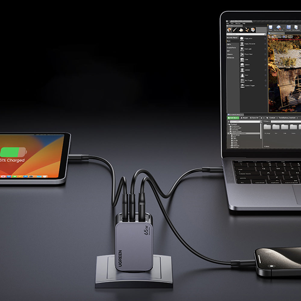 UGREEN X755 Nexode Pro Network Charger with USB-C Cable, 65W, 3A, 1 x USB-A - 2 x USB-C, Gray