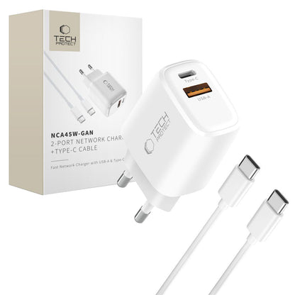 Network Charger with USB-C Cable Tech-Protect NCA45W, 45W, 3A, 1 x USB-A - 1 x USB-C, White