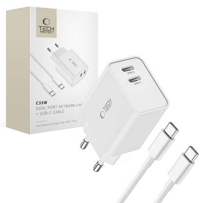 Tech-Protect C35W USB-C Cable Wall Charger, 35W, 3A, 2 x USB-C, White
