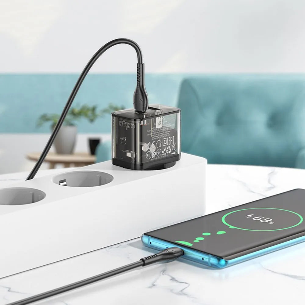 Network Charger with USB-C Cable HOCO N34, 20W, 3A, 1 x USB-A - 1 x USB-C, Transparent