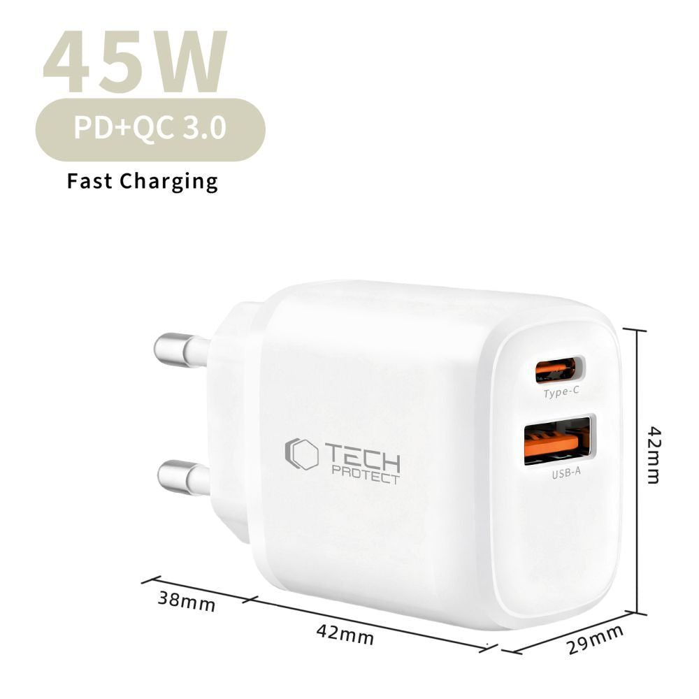 Network Charger with USB-C Cable Tech-Protect NCA45W, 45W, 3A, 1 x USB-A - 1 x USB-C, White