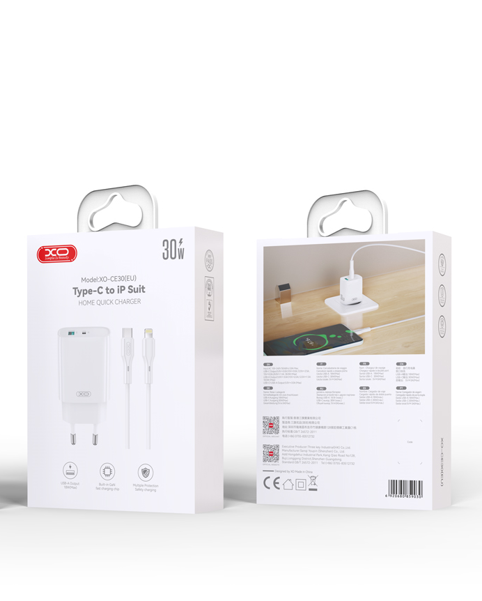 Network Charger with Lightning Cable XO Design CE30, 30W, 3A, 1 x USB-A - 1 x USB-C, White