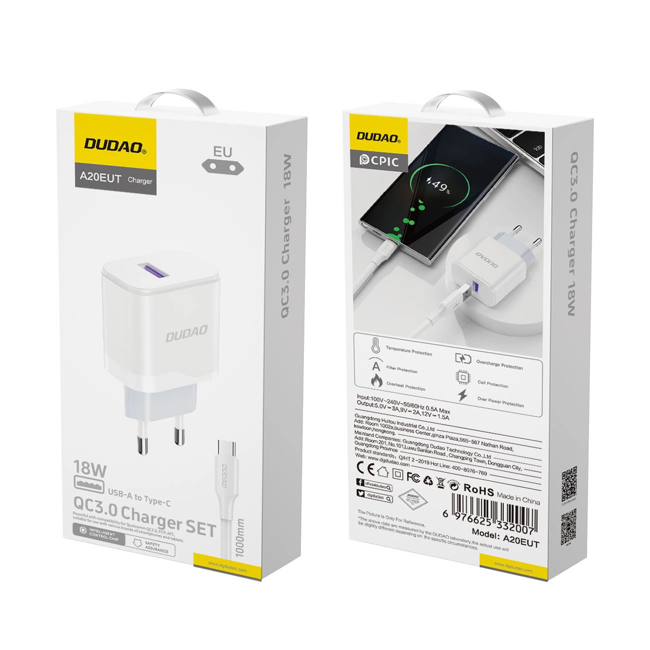 Network Charger with USB-C Cable Dudao A20EU, 18W, 3A, 1 x USB-A, White