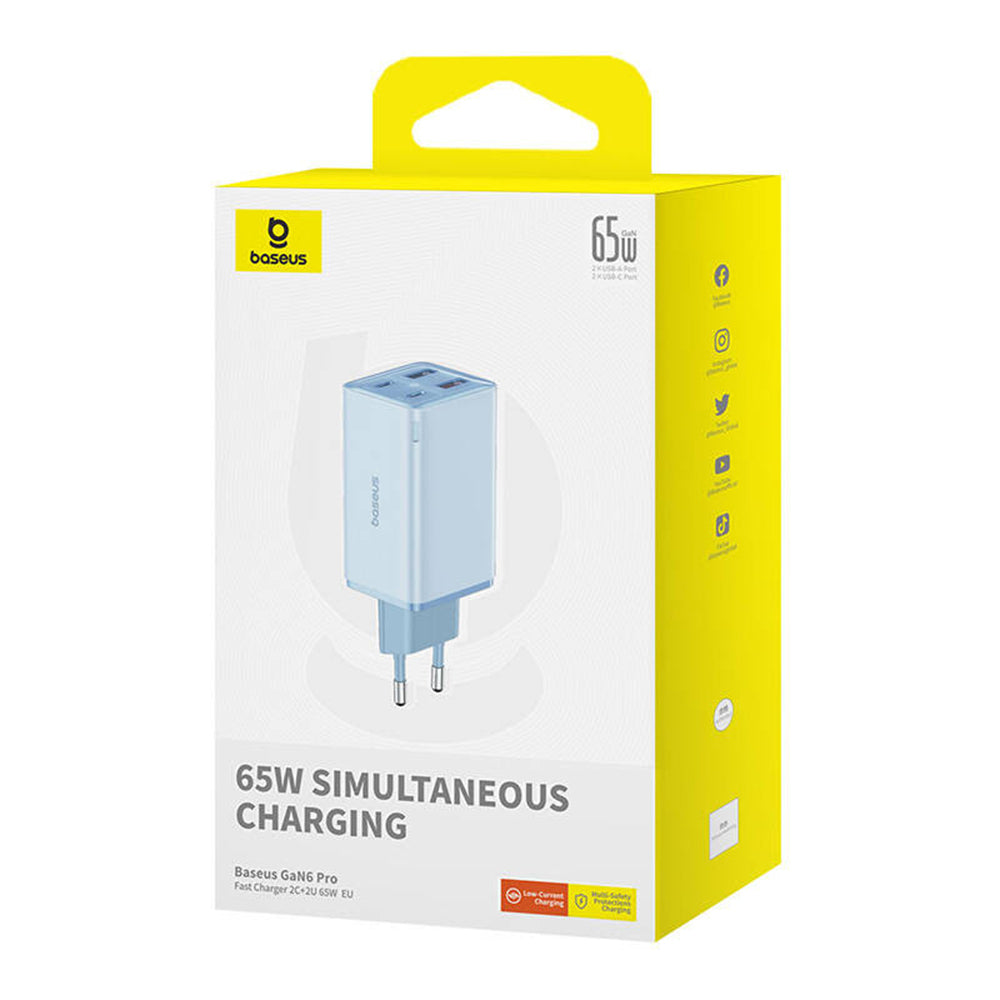 Baseus GaN6 Pro USB-C Cable Wall Charger, 65W, 3.25A, 2 x USB-A - 2 x USB-C, Blue P10162701313-00