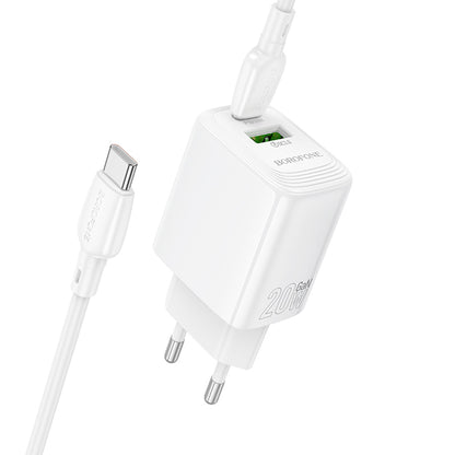Network Charger with USB-C Cable Borofone BN27 Fuente, 20W, 3A, 1 x USB-A - 1 x USB-C, White