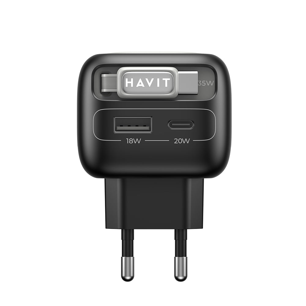 HAVIT UC251 USB-C Network Charger with Cable, 35W, 3A, 1 x USB-A - 1 x USB-C, Black Grey