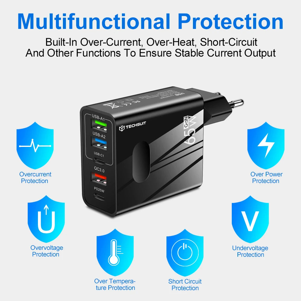 Network Charger with USB-C Cable Techsuit CHC1 PentaXPower, 25W, 3A, 3 x USB-A - 2 x USB-C, White