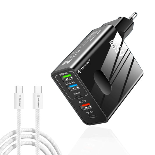 Techsuit CHC1 PentaXPower Network Charger with USB-C Cable, 25W, 3A, 3 x USB-A - 2 x USB-C, Black