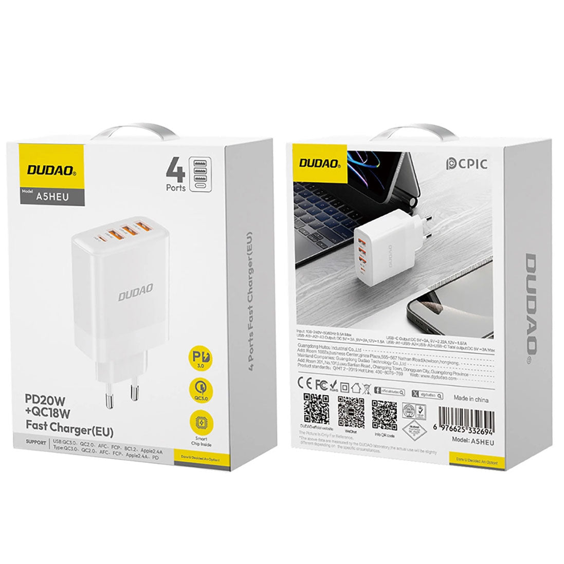 Network Charger Dudao A5HEU, 20W, 3A, 1 x USB-C - 3 x USB-A, White 