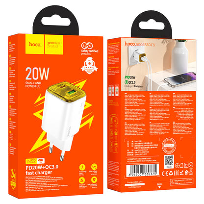 HOCO N52 Network Charger, 20W, 3A, 1 x USB-A - 1 x USB-C, White