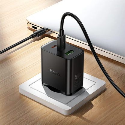 HOCO N75 Network Charger, 65W, 3A, 1 x USB-A - 2 x USB-C, Black