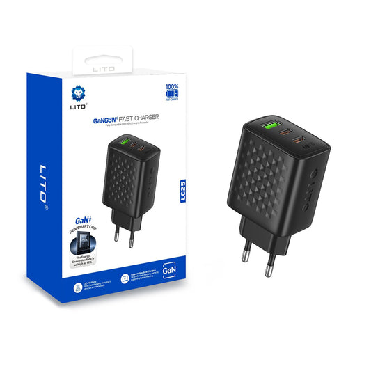 Lito LC25 Network Charger, 65W, 3.25A, 1 x USB-A - 2 x USB-C, Black