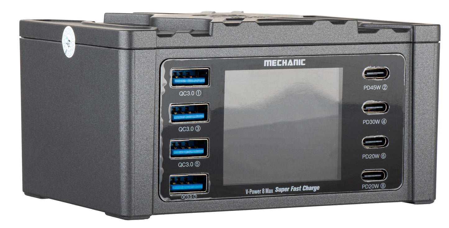 Mechanic V-Power Max Charging Station with Display, 115W, 3A, 4 x USB-A - 4 x USB-C, Black