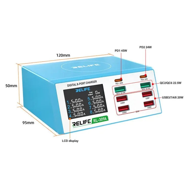 Network Charger Relife RL-309A, 100W, 4.5A, 2 x USB-C - 6 x USB-A, Blue 
