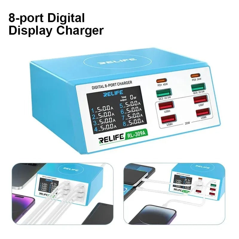 Network Charger Relife RL-309A, 100W, 4.5A, 2 x USB-C - 6 x USB-A, Blue 