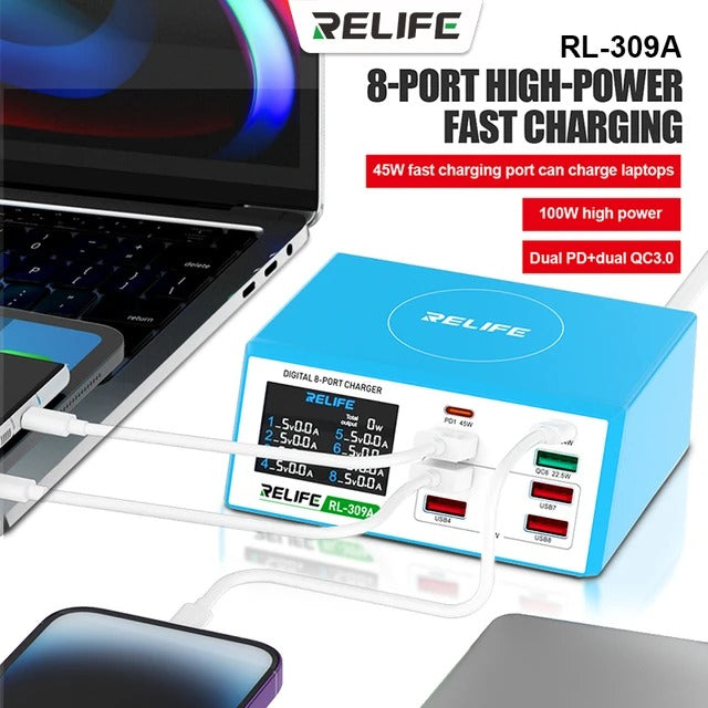 Network Charger Relife RL-309A, 100W, 4.5A, 2 x USB-C - 6 x USB-A, Blue 