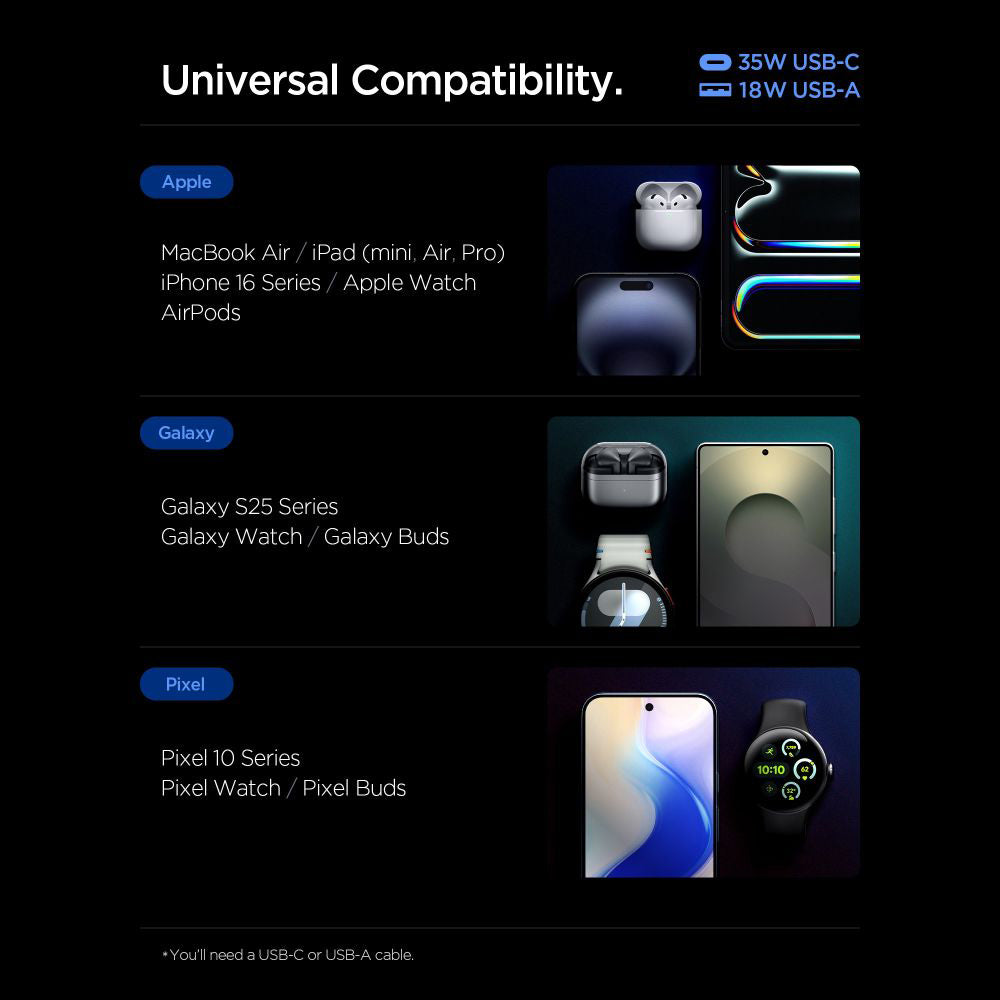 Spigen Essential Network Charger, 35W, 3A, 1 x USB-A - 1 x USB-C, Black