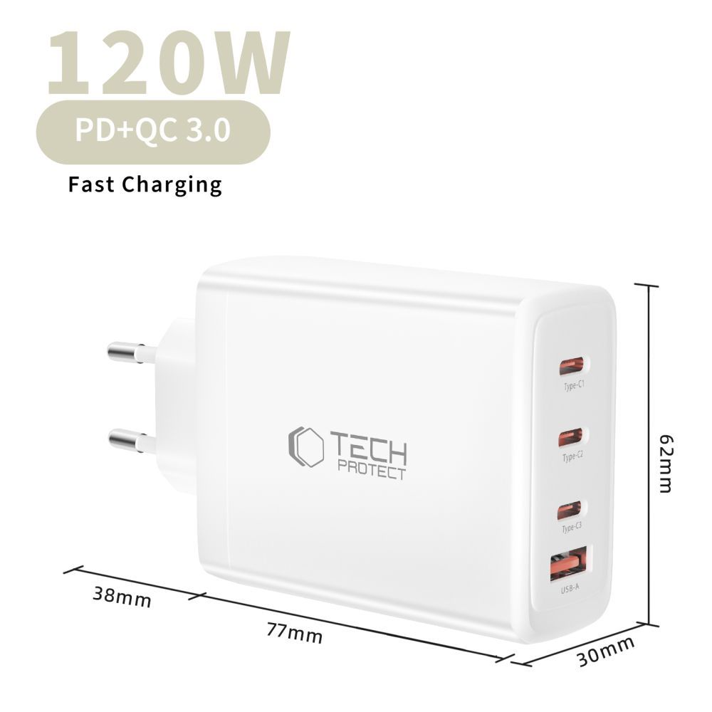 Tech-Protect NC120W-GAN Network Charger, 120W, 5A, 1 x USB-A - 3 x USB-C, White