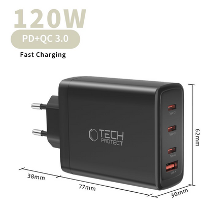 Tech-Protect NC120W-GAN Network Charger, 120W, 5A, 1 x USB-A - 3 x USB-C, Black