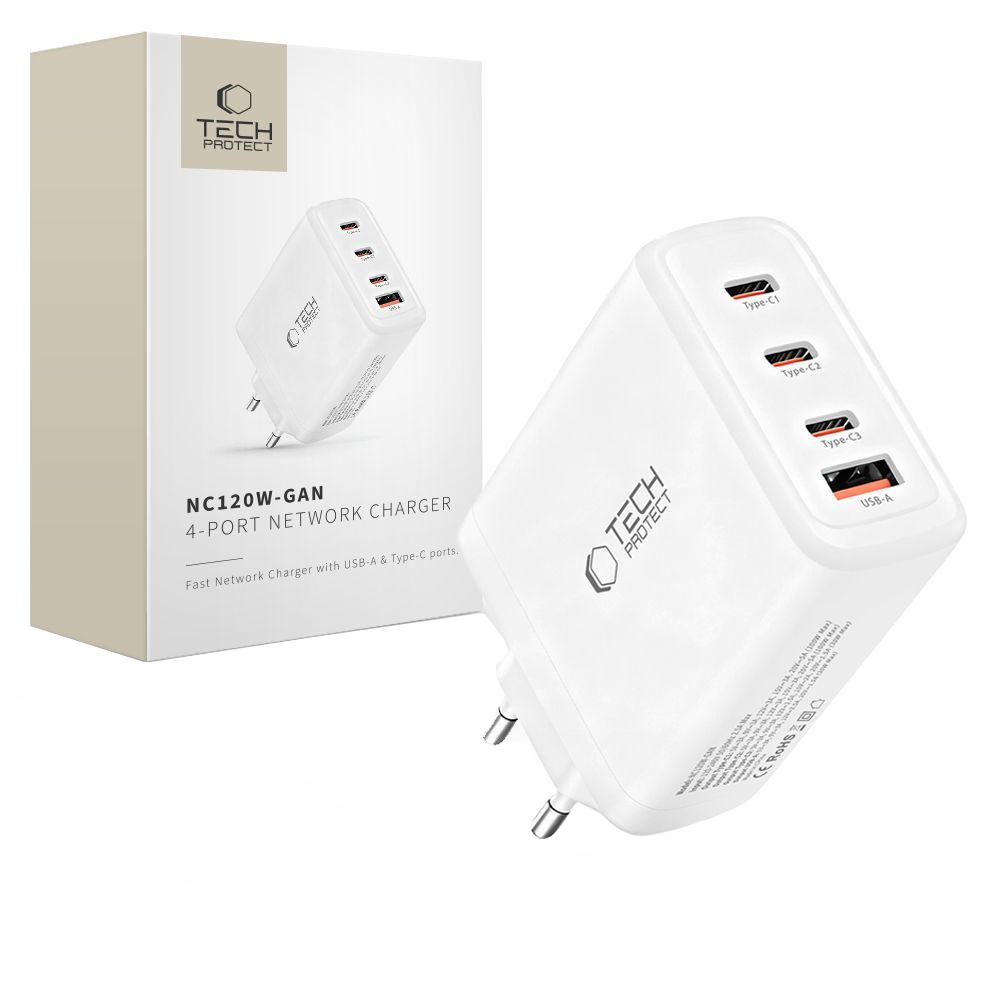 Tech-Protect NC120W-GAN Network Charger, 120W, 5A, 1 x USB-A - 3 x USB-C, White
