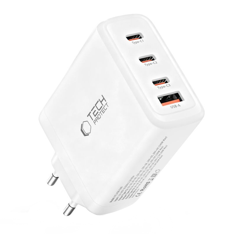 Tech-Protect NC140W-GAN Network Charger, 140W, 5A, 1 x USB-A - 3 x USB-C, White